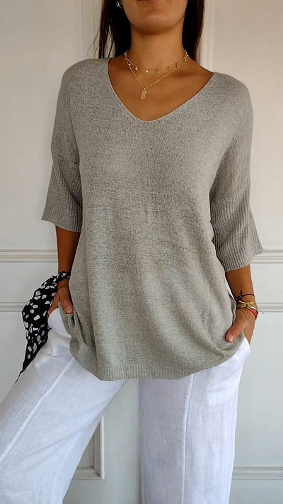 Plain knit V-neck top