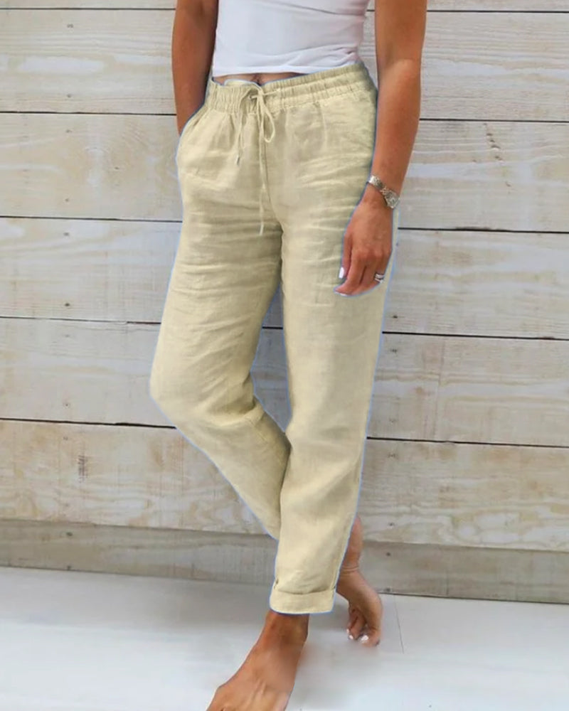 Pants with elastic waistband in cotton and linen