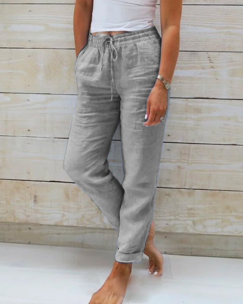 Pants with elastic waistband in cotton and linen