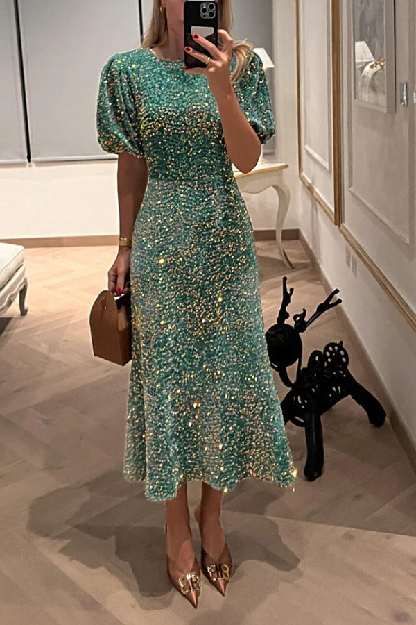 Sequin Decorated Velvet Puff Sleeve Midi Dress