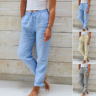 Pants with elastic waistband in cotton and linen