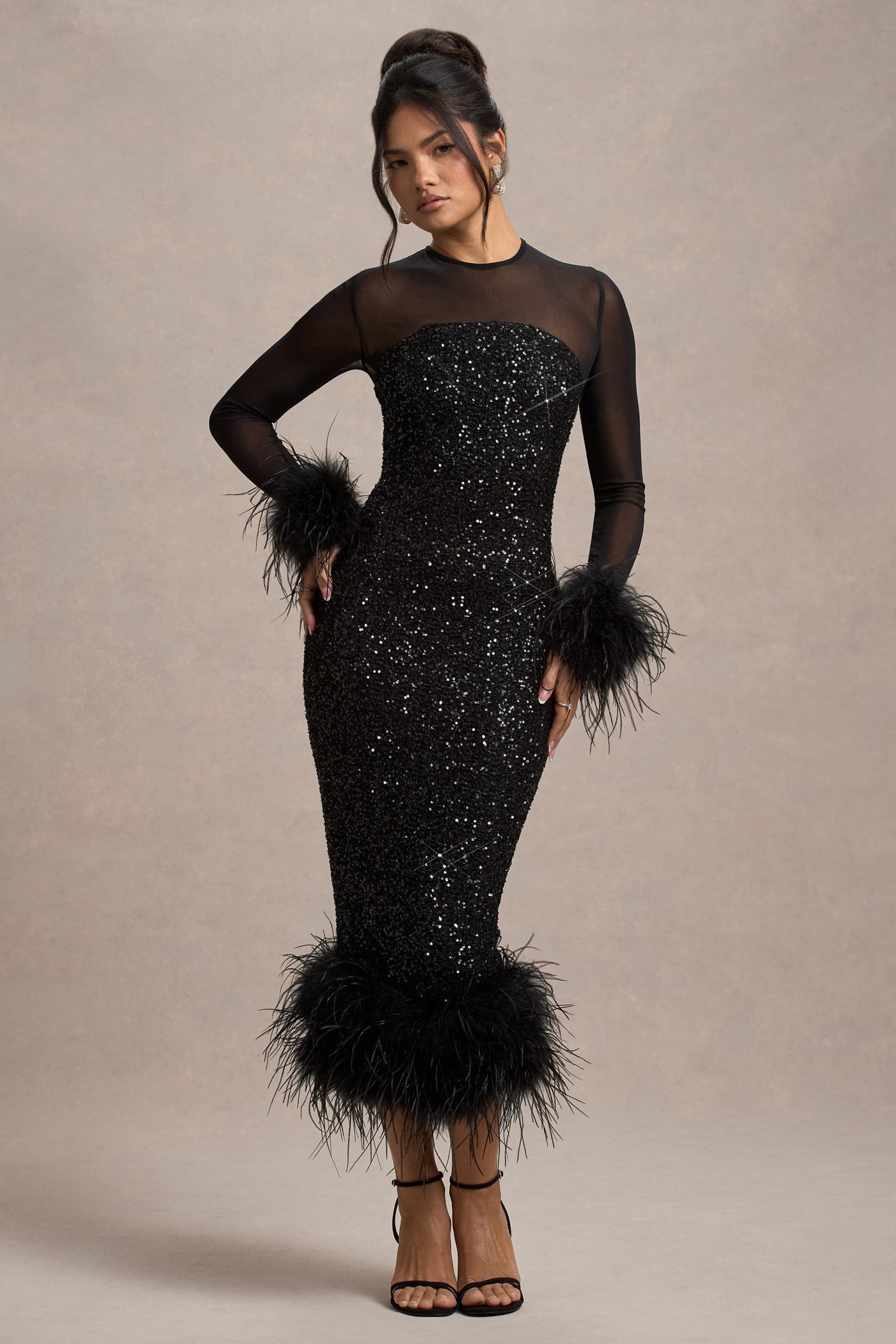 Sequin Feather Trim Midi Dress