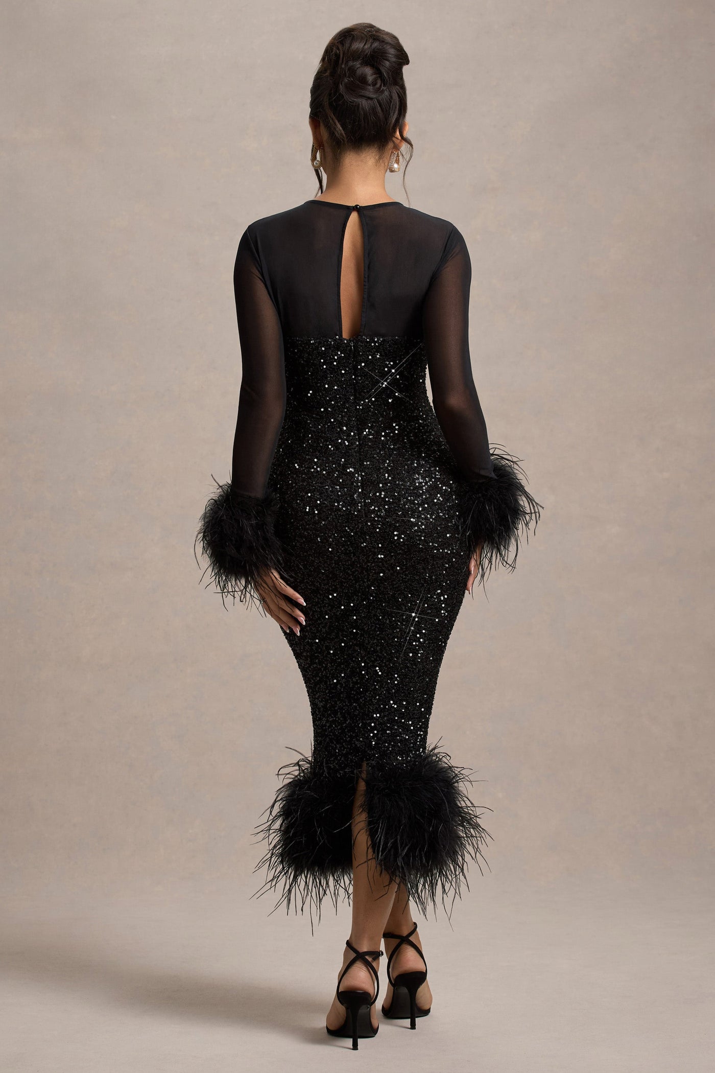 Sequin Feather Trim Midi Dress