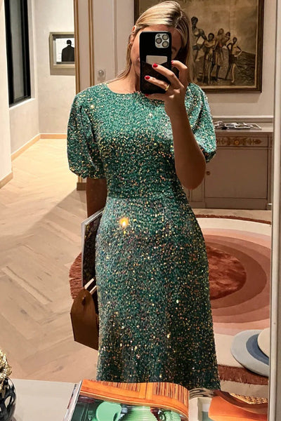 Sequin Decorated Velvet Puff Sleeve Midi Dress