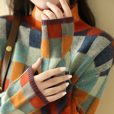 Sweater cashmere Colorful Checkerboard