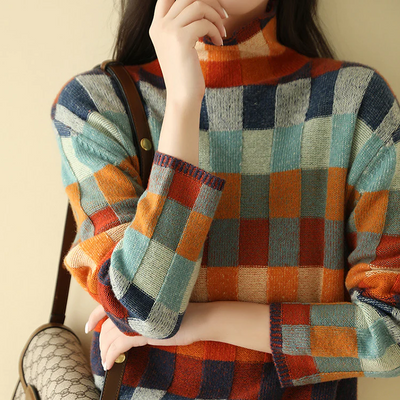 Sweater cashmere Colorful Checkerboard