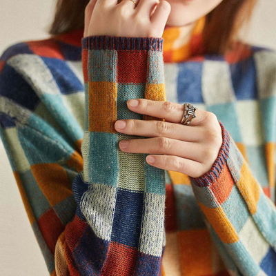 Sweater cashmere Colorful Checkerboard