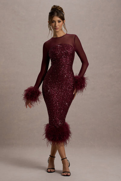 Sequin Feather Trim Midi Dress