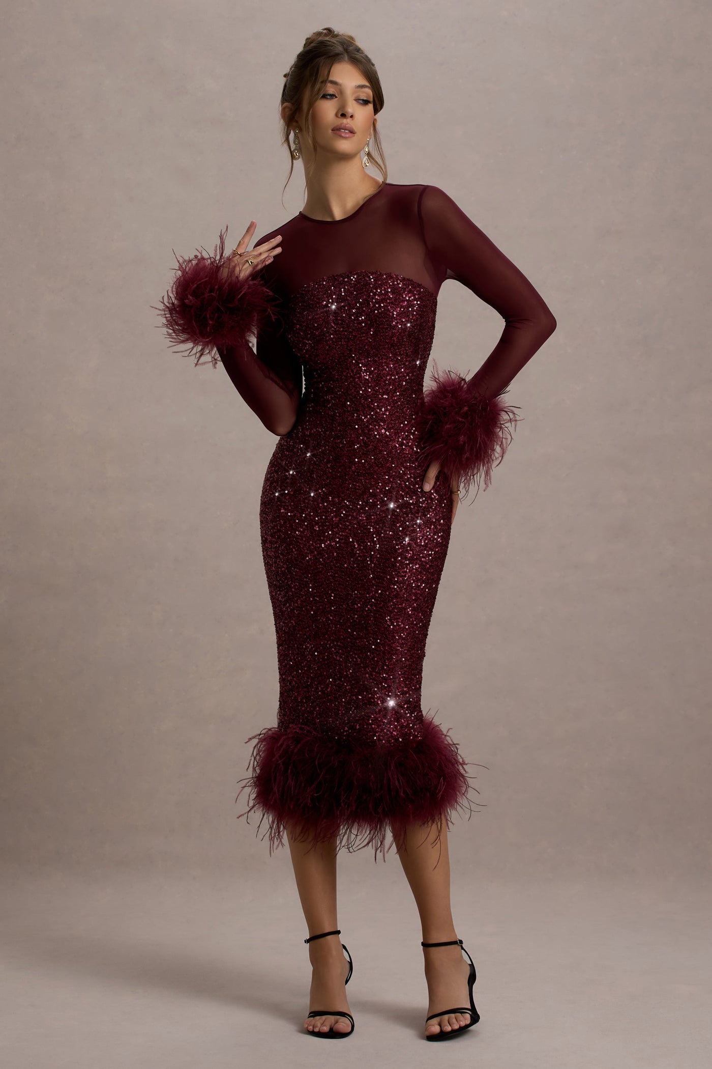 Sequin Feather Trim Midi Dress