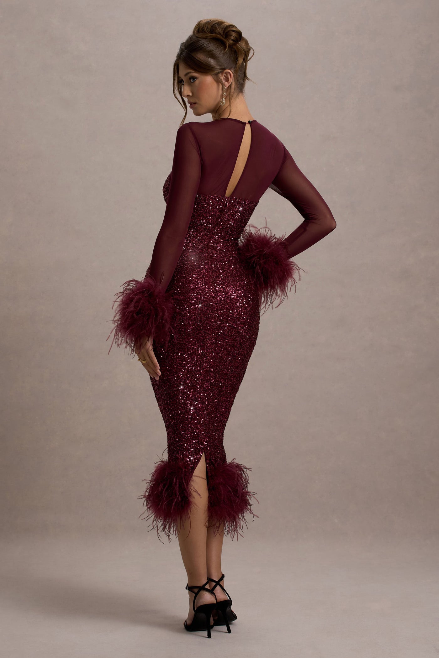 Sequin Feather Trim Midi Dress